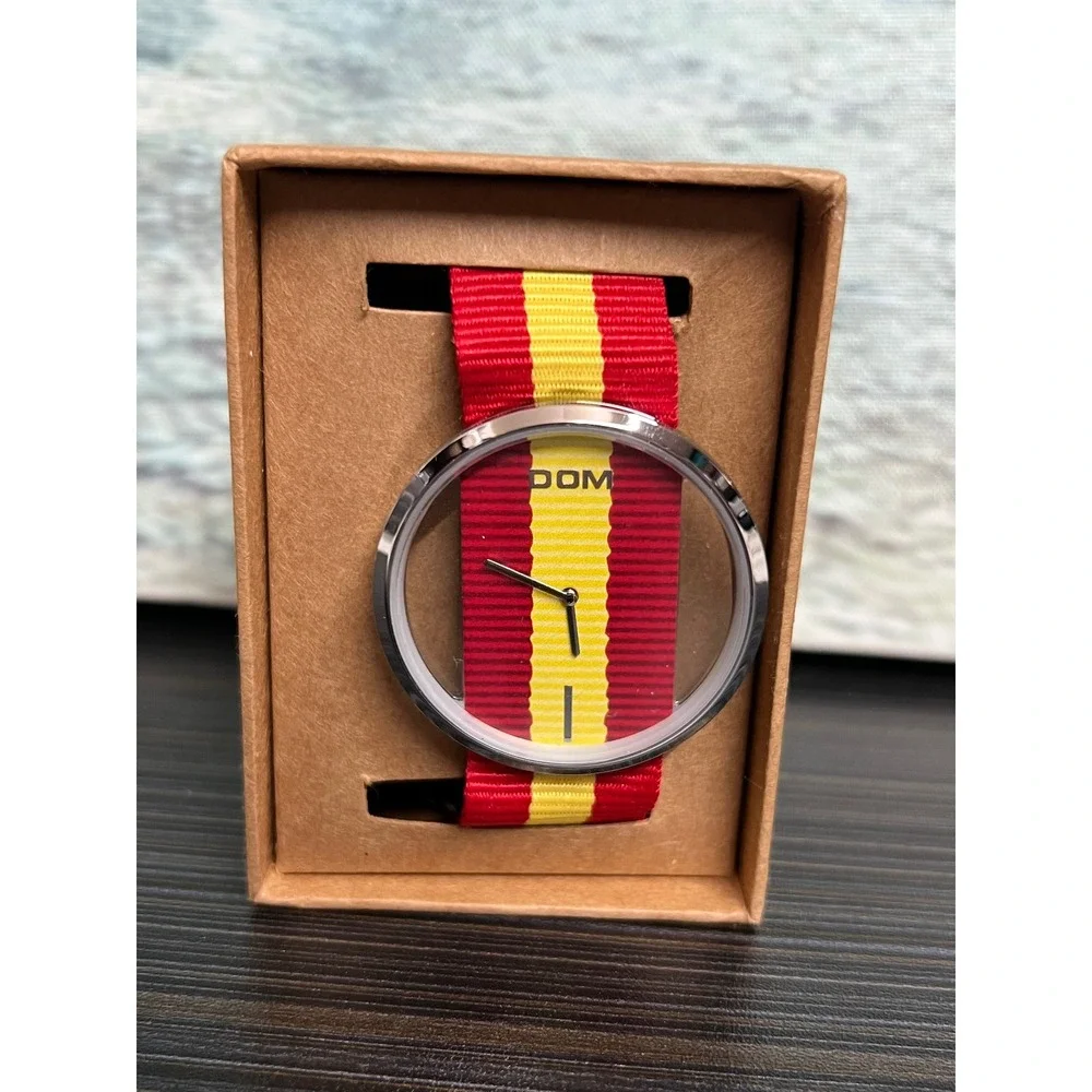 🎁DOM Minimalist Transparent Dial Watch Red Yellow Striped Nylon Strap